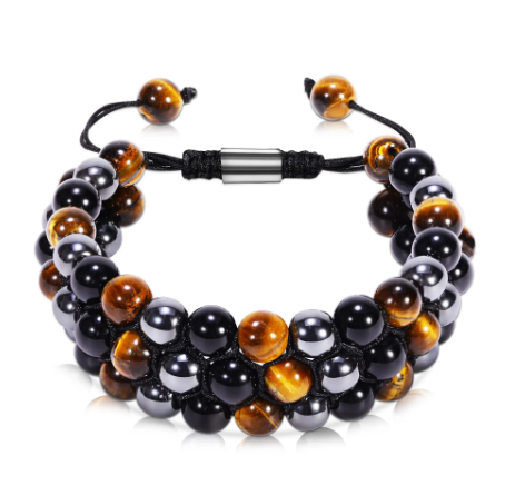 Adjustable Double Triple Protection Bracelet – Tiger’s Eye, Black Obsidian & Hematite for Strength & Balance